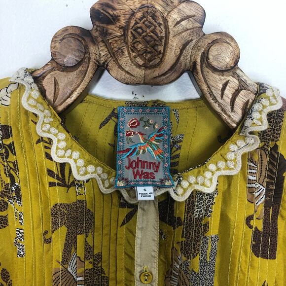 Johnny Was Top Taly Evette Silk Blouse Yellow Safari High Neck Ruffle Small - Picture 5 of 7